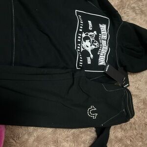 True Religion Black Hoodie and Joggers with White stitched